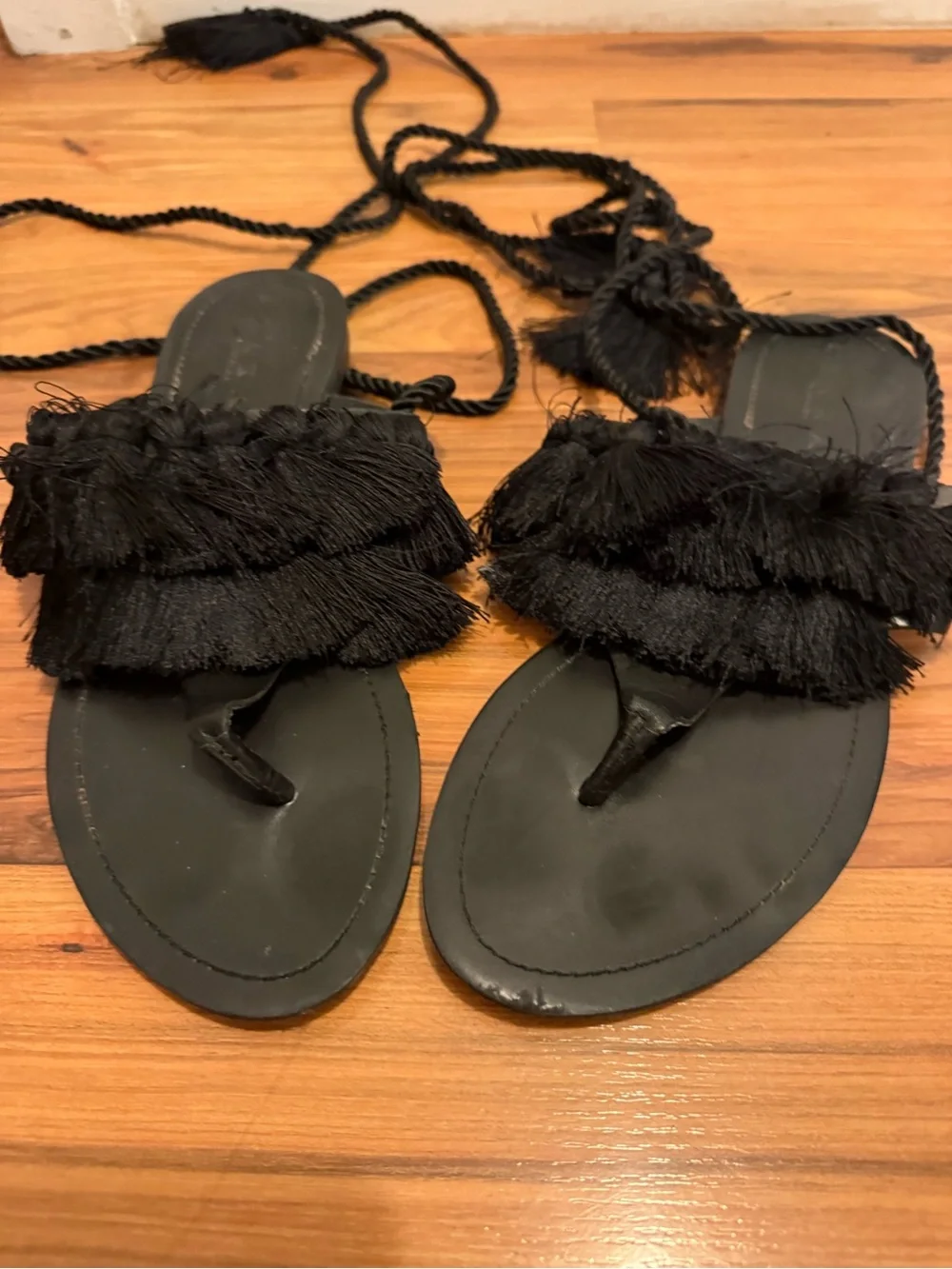 Zara Black Fringe Tie-Up Sandals - Picture 7 of 9